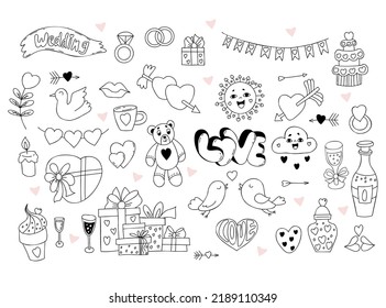 Set wedding and love doodles. Couple love birds with heart, gifts and wedding rings, cupids arrow, wedding cake, teddy bear toy, cute sun, cloud, champagne and glass. Isolated vector linear drawings