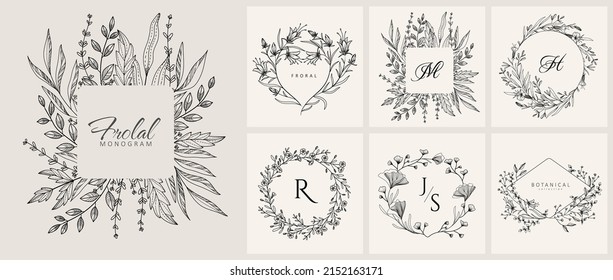 Set of wedding monogram, botanical floral branch and logo. Hand drawn wedding herb, homeplant with elegant leaves. Botanical rustic trendy greenery vector