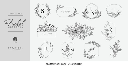 Set of wedding monogram, botanical floral branch and logo. Hand drawn wedding herb, homeplant with elegant leaves. Botanical rustic trendy greenery vector