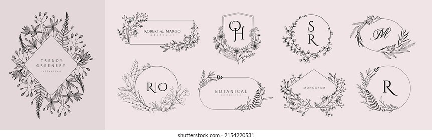 Set of wedding monogram, botanical floral branch and frames. Hand drawn wedding logo herb, homeplant with elegant leaves. Botanical rustic trendy greenery vector