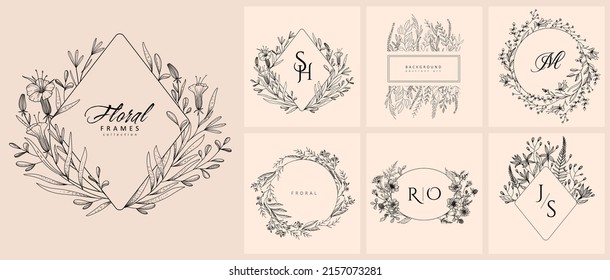 Set of wedding monogram, botanical floral branch and frames. Botanical vintage foliage for wedding invitation, wall art or card template. Minimal line art drawing. Vector illustration