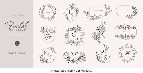 Set of wedding monogram, botanical floral branch and frames. Botanical vintage foliage for wedding invitation, wall art or card template. Minimal line art drawing. Vector illustration