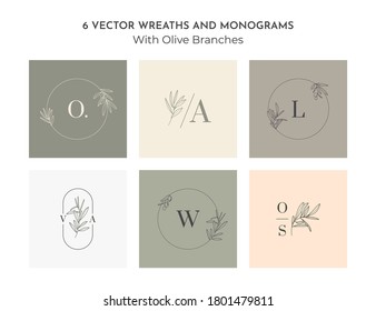 Set of Wedding Monogram and Logos with Olive Branch in Modern Minimal Liner Style. Vector Floral templates for Invitation Cards, Save the Date. Botanical rustic illustration, Beauty Studio, SPA