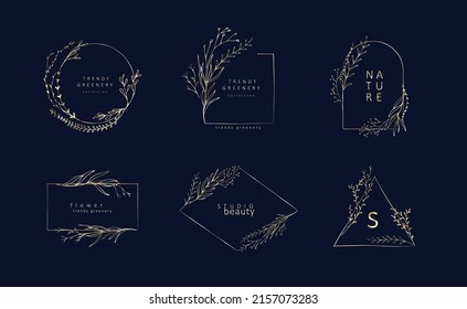 Set von Hochzeitsmonogramm, botanischer Blumenzweig und Rahmen. Botanisches Vintage-Blattwerk für Hochzeitseinladung, Tapete oder Kartenvorlage. Minimale Linie Kunstzeichnung. Vektorgrafik