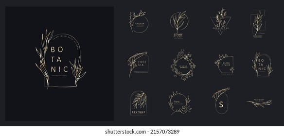 Set von Hochzeitsmonogramm, botanischer Blumenzweig und Rahmen. Botanisches Vintage-Blattwerk für Hochzeitseinladung, Tapete oder Kartenvorlage. Minimale Linie Kunstzeichnung. Vektorgrafik