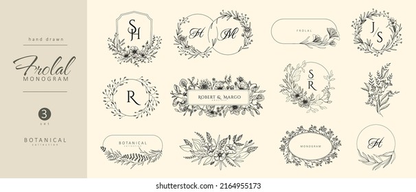 Set von Hochzeitsmonogramm, botanischer Blumenzweig und Rahmen. Botanisches Vintage-Blattwerk für Hochzeitseinladung, Tapete oder Kartenvorlage. Minimale Linie Kunstzeichnung. Vektorgrafik