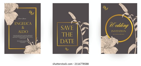 Einladungskarten für Hochzeiten, die mit floraler Kunst entworfen wurden. Laub- und Kräuterkunst. Design-Vektorgrafik