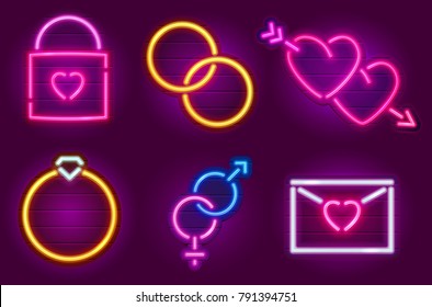 Set of wedding neon symbols on a signboards. Happy valentine's day signs. Logos with glowing effect. Eps10 vector