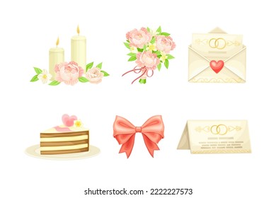 Set of wedding objects. Burning candles, bouquet of flowers, envelope, piece of cake, invitation card vector illustration