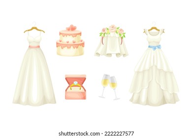 Set of wedding objects. White dress, cake, golden ring, glasses of champagne vector illustration