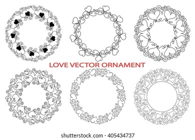 Set of wedding ornaments, circular patterns on a white background, festive decorations for the invitations, postcards. Vignettes with hearts, love hand-drawing