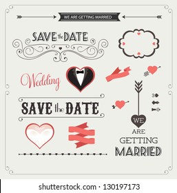 Set of wedding ornaments and decorative elements, vintage banner, ribbon, labels, frames, badge, stickers. Vector love element.