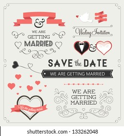 Set of wedding ornaments and decorative elements, vintage banner, ribbon, labels, frames, badge, stickers. Vector love element.