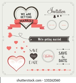 Set of wedding ornaments and decorative elements, vintage banner, ribbon, labels, frames, badge, stickers. Vector love element.