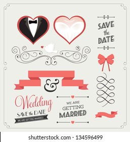 Set of wedding ornaments and decorative elements, vintage banner, ribbon, labels, frames, badge, stickers. Vector love element.