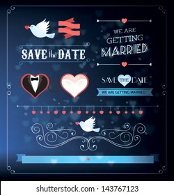 Set of wedding ornaments and decorative elements, vintage banner, ribbon, labels, frames, badge, stickers. Vector love element.
