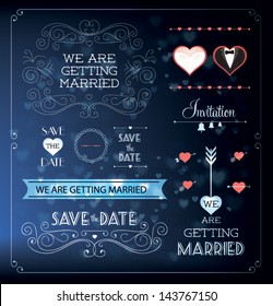 Set of wedding ornaments and decorative elements, vintage banner, ribbon, labels, frames, badge, stickers. Vector love element.