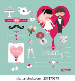 Set of wedding ornaments and decorative elements, vintage banner, ribbon, labels, frames, badge, stickers. Vector love element.