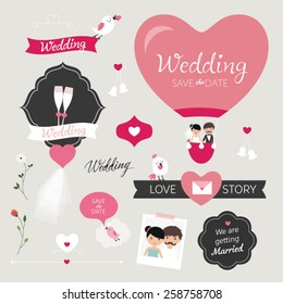 Set of wedding ornaments and decorative elements, vintage banner, ribbon, labels, frames, badge, stickers.  Bride and groom Wedding Party vector illustration.