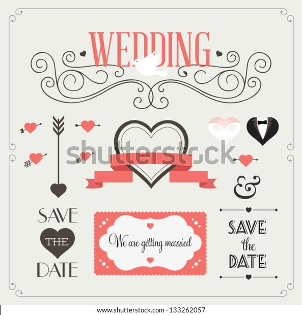 Set of wedding ornaments and decorative\
elements, vintage banner, ribbon, labels, frames, badge, stickers.\
Vector love element.