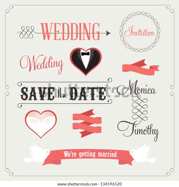 Set of wedding ornaments and decorative
elements, vintage banner, ribbon, labels, frames, badge, stickers.
Vector love element.