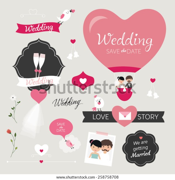 Set of wedding ornaments and\
decorative elements, vintage banner, ribbon, labels, frames, badge,\
stickers.  Bride and groom Wedding Party vector\
illustration.