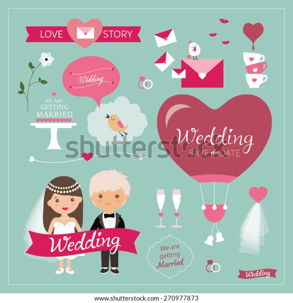 Set of wedding ornaments and\
decorative elements, vintage banner, ribbon, labels, frames, badge,\
stickers. Bride and groom Wedding Party vector\
illustration