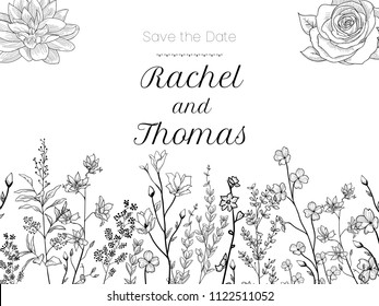 Set of wedding party invitation and Save The Date card templates with Lily of the valley flowers hand drawn with black contour lines on white background. Beautiful floral vector illustration.