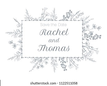 Set of wedding party invitation and Save The Date card templates with Lily of the valley flowers hand drawn with black contour lines on white background. Beautiful floral vector illustration.