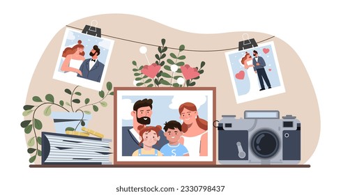 Set of wedding photos concept. Man and woman in suit and dress, bride and groom. Wedding ceremony and marriage. Family with kids, father, mother and children. Cartoon flat vector illustration