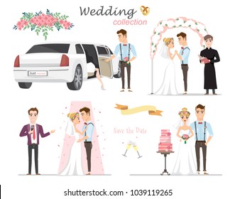 Set of wedding pictures, bride and groom in love