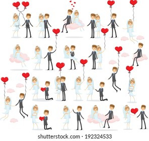 Set of wedding pictures, bride and groom in love, the vector