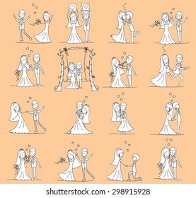 Set of wedding pictures, bride and groom in love, the vector