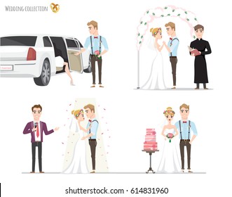 Set of wedding pictures, bride and groom in love