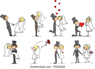 set of wedding pictures, bride and groom in love, the vector