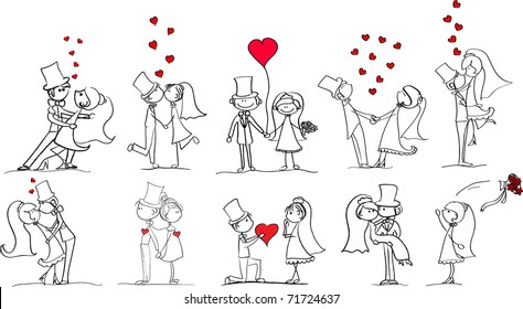 set of wedding pictures, bride and groom in love, the vector