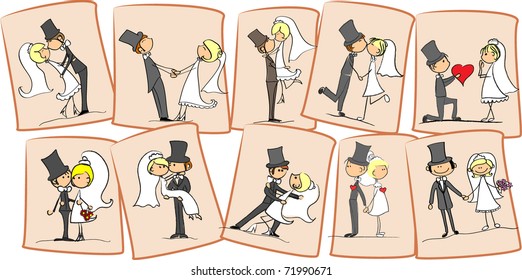 set of wedding pictures, bride and groom in love, the vector