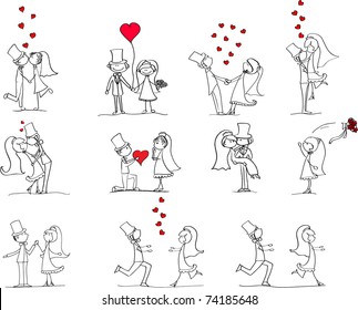 Set Of Wedding Pictures, Bride And Groom In Love, The Vector