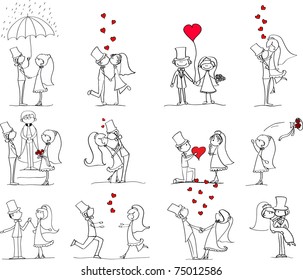 set of wedding pictures, bride and groom in love, the vector