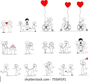 set of wedding pictures, bride and groom in love, the vector
