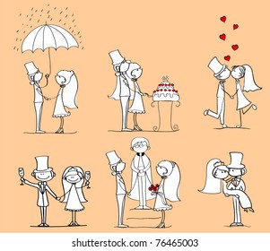 set of wedding pictures, bride and groom in love, the vector