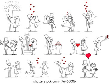 set of wedding pictures, bride and groom in love, the vector