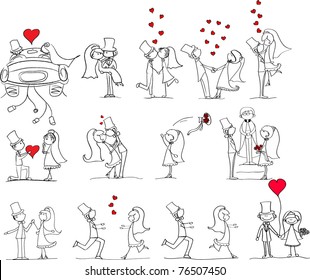 set of wedding pictures, bride and groom in love, the vector