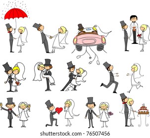 set of wedding pictures, bride and groom in love, the vector