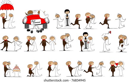 set of wedding pictures, bride and groom in love, the vector