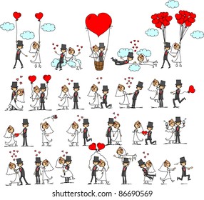 set of wedding pictures, bride and groom in love, the vector