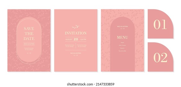 Eine Reihe von Hochzeitsdrucken aus feinen Blumenelementen. Postkarten im minimalistischen Stil sind in Pastellfarben, Vintage-Tönen in Rosa und Nude gezeichnet. Die Illustration hat Blätter, Äste. 