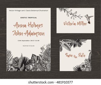 Set wedding printing. The invitation, guest card, save the date. Vintage vector botanical illustration. Exotic tropical leaves and flowers. Black and white