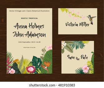 Set wedding printing. The invitation, guest card, save the date. Vintage vector botanical illustration. Exotic tropical leaves and flowers. Colorful