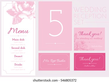 Set for wedding reception. Menu, table number, thank card, sitting card. Elegant design with pink flowers.
